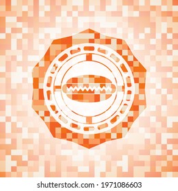 hot dog icon inside orange mosaic emblem. 