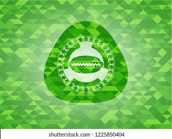 hot dog icon inside realistic green emblem. Mosaic background