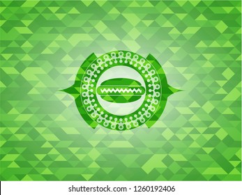 hot dog icon inside realistic green emblem. Mosaic background
