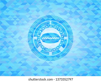 hot dog icon inside realistic light blue emblem. Mosaic background