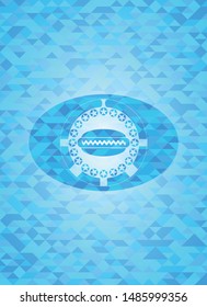 hot dog icon inside realistic sky blue emblem. Mosaic background