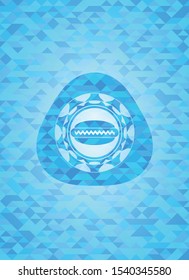 hot dog icon inside realistic sky blue emblem. Mosaic background
