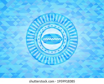 hot dog icon inside realistic sky blue emblem. Mosaic background. 