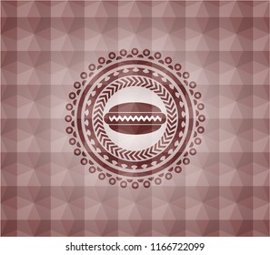 hot dog icon inside red seamless emblem or badge with geometric pattern background.