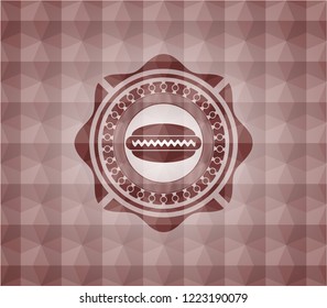hot dog icon inside red seamless emblem or badge with geometric pattern background.