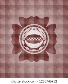 hot dog icon inside red seamless geometric pattern emblem. Seamless.