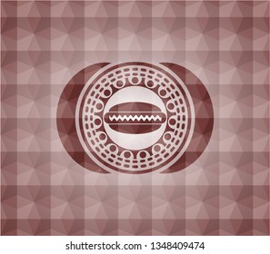 hot dog icon inside red seamless emblem with geometric pattern background.
