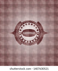 hot dog icon inside red seamless emblem with geometric pattern background.