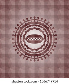 hot dog icon inside red seamless emblem or badge with abstract geometric polygonal pattern background.