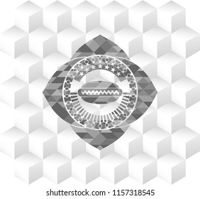 hot dog icon inside retro style grey emblem with geometric cube white background