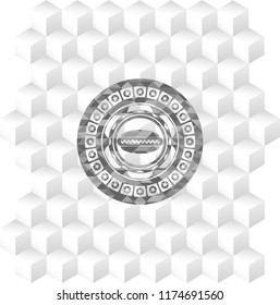 hot dog icon inside retro style grey emblem with geometric cube white background