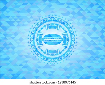 hot dog icon inside sky blue emblem with mosaic ecological style background