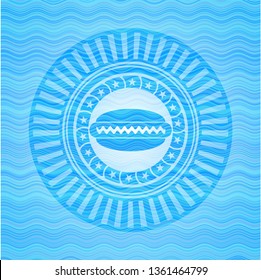 hot dog icon inside sky blue water emblem.