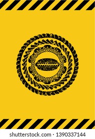 hot dog icon inside warning sign, black grunge emblem. Vector Illustration. Detailed.