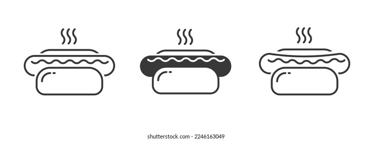 Hot dog icon line art vector pictogram or hotdog thin stroke outline linear logo simple graphic illustration set, black and white glyph clipart symbol, sandwich with sausage isolated image