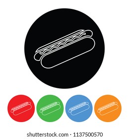 Hot dog icon in a modern thin line outline style vector circle hotdog sign or symbol with four color variations