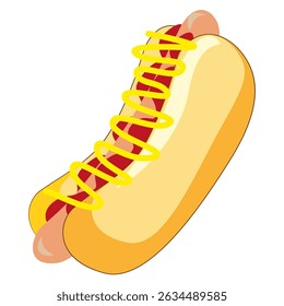 Hot dog icon. Mustard sausage bun. Fast food vector. Tasty snack shape.