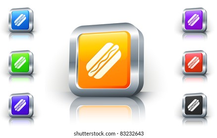 Hot Dog Icon on 3D Button with Metallic Rim Original Illustration