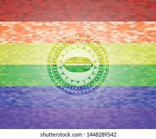 hot dog icon on mosaic background with the colors of the LGBT flag