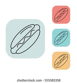 Hot Dog icon, outline thin line isolated vector sign symbol, on white, red, blue, yellow and grey background. Food and drink elements. Can be used in logo, UI and web design