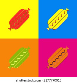 Hot dog icon in pop art color. Collection hot dog icon with shadow. Isolated icon street food in pop art color. Fast food logo for menu cafeteria, pub, restaurant. Vector illustration
