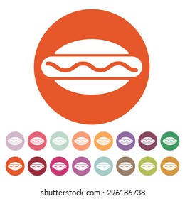 The hot dog icon. Sandwich and baking, fast food symbol. Flat Vector illustration. Button Set