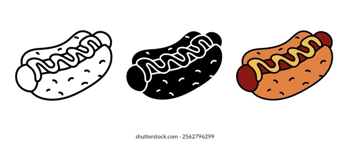 Hot dog icon. Hot dog sausage with mustard and bread bun vector illustration. American fast food snack symbol. Junk food sign. Hot dog eatery logo. Fast food meal pictogram. Cartoon sausage with sauce