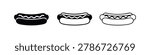 Hot dog icon set. Black silhouette and outline hot dog symbols. Fast food graphic design elements.