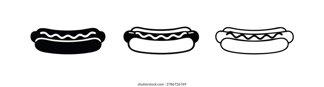 Hot dog icon set. Black silhouette and outline hot dog symbols. Fast food graphic design elements.
