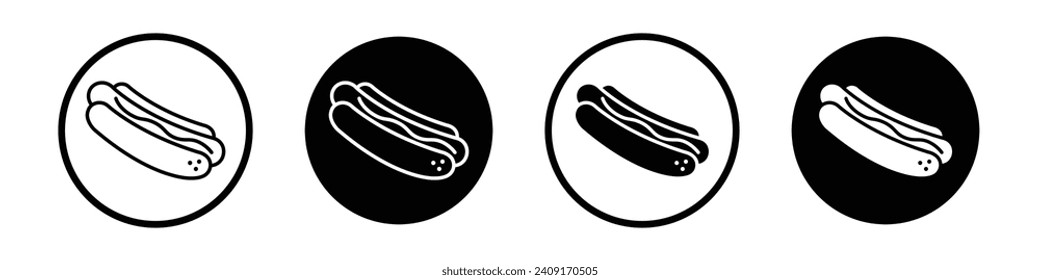 Hot dog icon set. Hotdog with mustard sauce vector symbol in a black filled and outlined style.