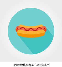 Hot dog. Icon for web and mobile application. Vector illustration of a button with a long shadow. Flat design style.