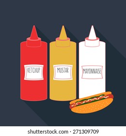 Hot dog Icon,fast food - sausage with ketchup, mustard, mayonnaise
