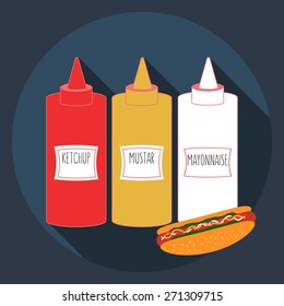 Hot dog Icon,fast food - sausage with ketchup, mustard, mayonnaise
