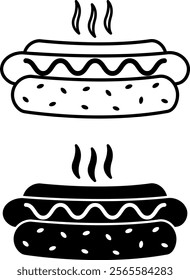 Hot Dog Icons. Black and White Vector Illustration. Hot Bun with Sausage and Ketchup. Tasty Food. Fast Food Concept