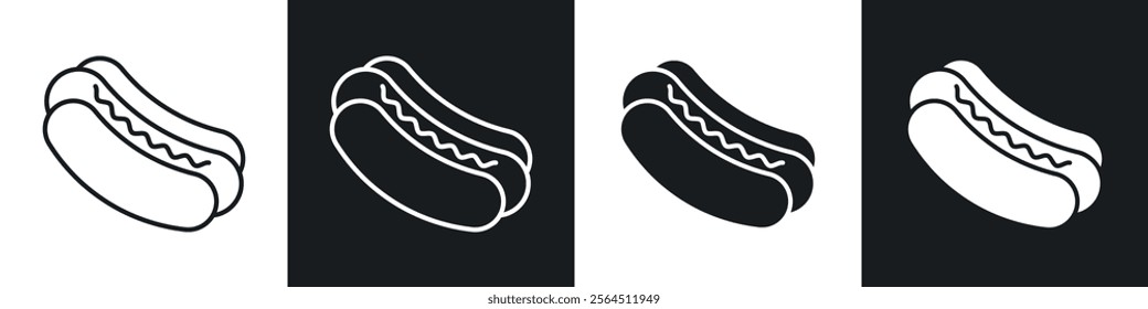 Hot dog icons collection in black filled and line style.