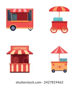 Hot dog icons set cartoon vector. Hot dog street food cart. Street trading