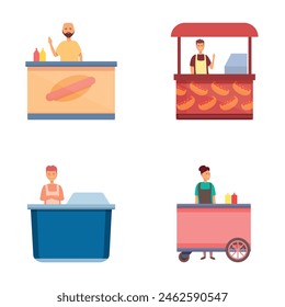 Hot dog icons set cartoon vector. Seller of fresh hot dog near trolley. Unhealthy food