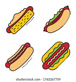 Hot Dog Icons Set. Outline Set Of Hot Dog Vector Icons Thin Line Color Flat Isolated On White