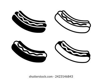 Hot dog icons set, sausage in a bun. Fast food or cafe symbol. Menu or lunch attribute.