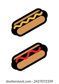 Hot dog icons set, sausage in a bun. Fast food or cafe symbol. Menu or lunch attribute.