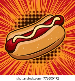 Hot dog illustration in comic style. Design element for poster, emblem, banner. Vector illustration