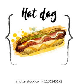 Hot dog illustration. Fast food. Hand drawn sketch.