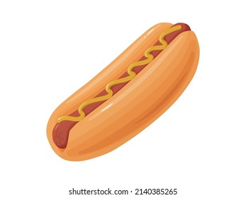 Hot Dog. Illustration fast food in cartoon style. Sausage in a bun with mustard.