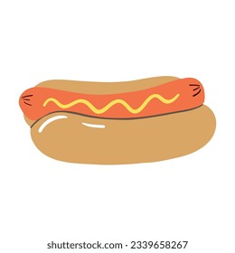 Hot dog illustration. Fast food. American food.Delicious food with a sausage lying in a bun and poured mustard. Hand drawn vector design for menu, logo, poster