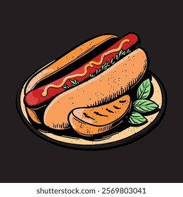 Hot Dog illustration line art with colorful