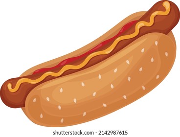 Hot dog. Image of a hot dog with sausage with ketchup and sprinkled with mustard. Fast food. Vector illustration isolated on a white background