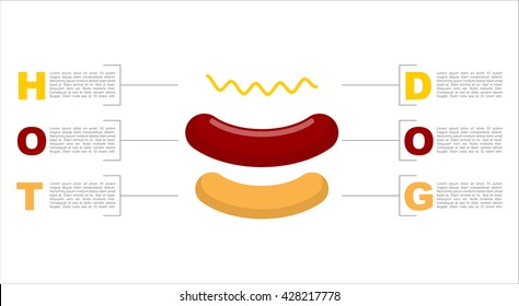 Hot dog infographics. Structure of fast food. Fresh bun. steamed bap and sausage. construct of  hotdog. quick meal ingredients flat packed