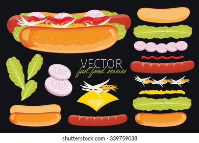 Hot dog ingredients and hot dog bun isolated on black