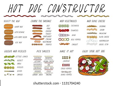 Hot Dog Ingredients Constructor. Sausage, Bun, Vegetables, Cheese, Salad Leaves, Sauce, Pepper. Fast Food Collection. Realistic Hand Drawn High Quality Vector Illustration. Doodle Style.