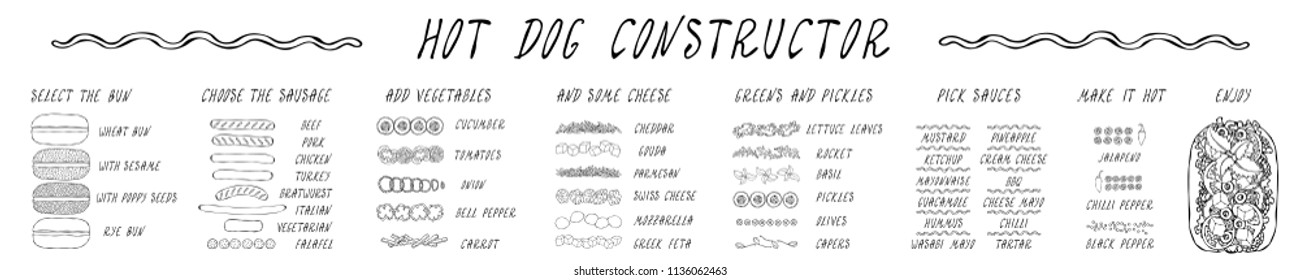 Hot Dog Ingredients Constructor. Sausage, Bun, Vegetables, Cheese, Salad Leaves, Sauce, Pepper. Fast Food Collection. Realistic Hand Drawn High Quality Vector Illustration. Doodle Style.